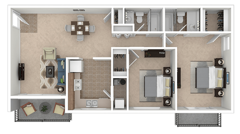 Floor plan for 2 beds, 2 baths, 950 sqft